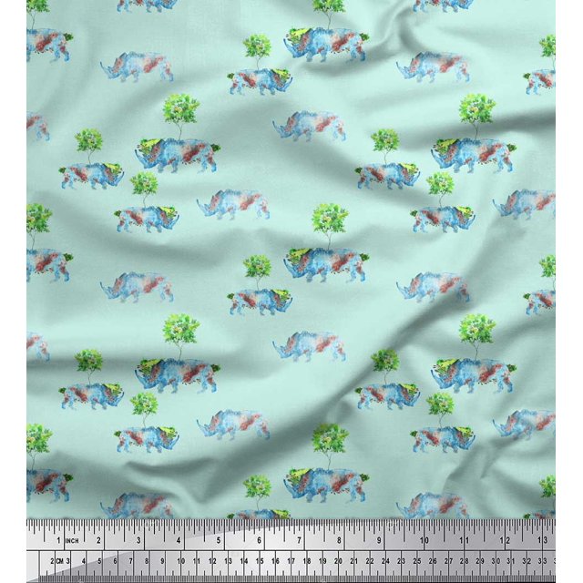 Soimoi Green Cotton Poplin Fabric Tree & Rhinoceros Animal Print Fabric by the Yard 56 Inch Wide