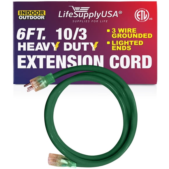 6 ft Power Extension Cord Outdoor & Indoor Heavy Duty 10 Gauge/3 Prong SJTW (Green) Lighted end Extra Durability 15 AMP 125 Volts 1875 Watts ETL Listed by LifeSupplyUSA