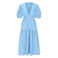 thumbnail image 4 of Robes d'Été pour Femmes 2023 à Col en V en Mousseline Boho de Plage Robe Midi Plissée Fluide Évasée à Volants Unie Longue Robe, 4 of 7