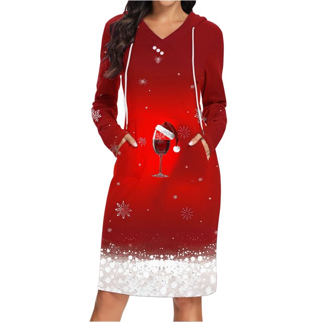 TIMIFIS Robe Chandail à Capuche pour Femme, Imprimé de Noël, Ample, Manches Longues, Haut Chandail à Capuche, Robe à Capuche avec Poches