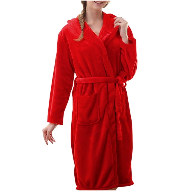 Ersazi Pyjama Confortable pour Femmes, Tenue d'Intérieur, Peignoir à Capuche en Flanelle, Robe de Chambre, Pyjama Long en Liquidation, Rouge G