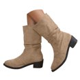 thumbnail image 1 of Dakaela Bottes Western Plissées pour Femmes en Suède Style Cowboy Larges Mi-Mollet Bottillons Bout Rond à Enfiler Chaussures de Marche, 1 of 5