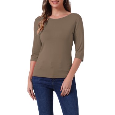 INSPIRE CHIC Hauts pour Femmes Manches au Coude Encolure Bateau Uni Coupe Ajustée T-Shirts Décontractés Camel TP