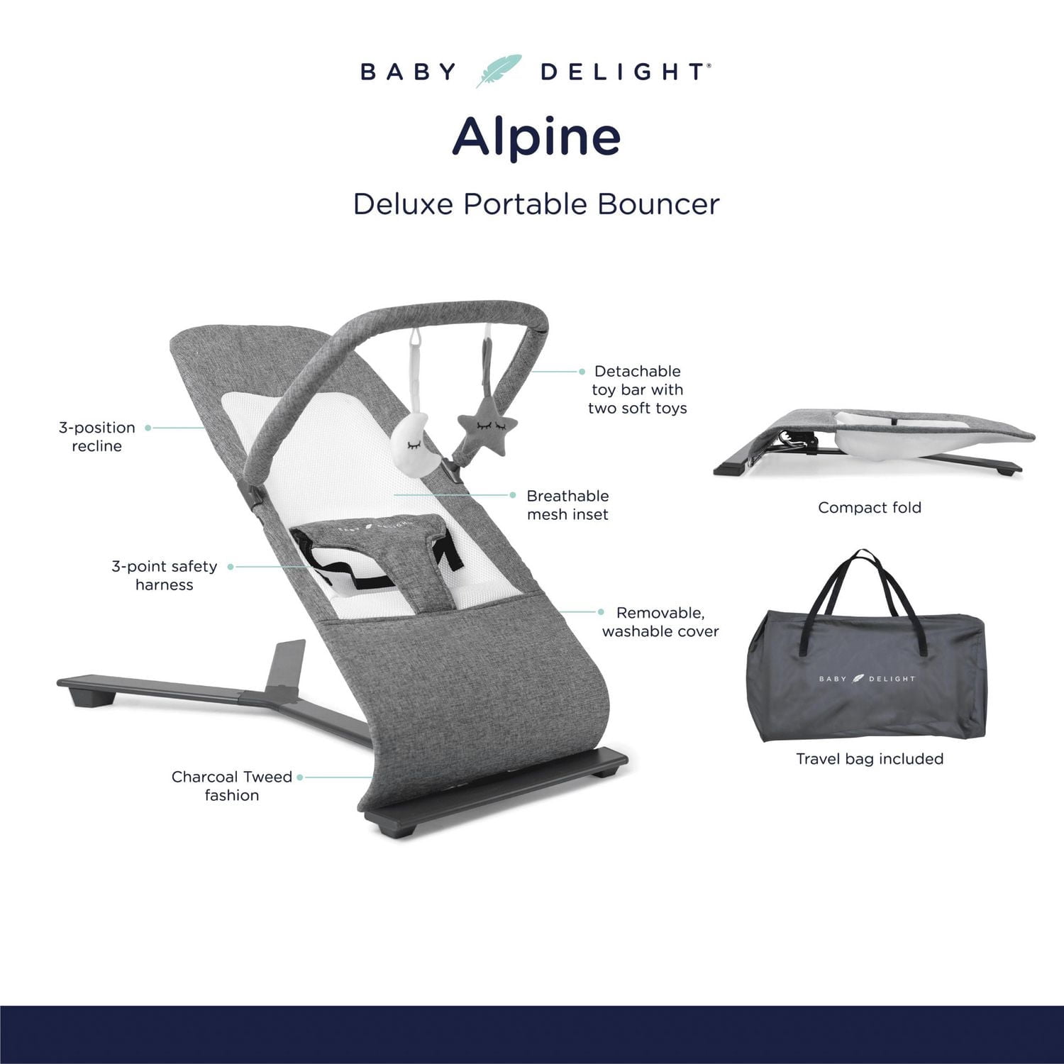 Baby Delight Alpine Deluxe Portable  Bouncer, Charcoal Tweed