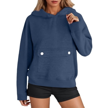 Aocisk Womens Hooded Sweatshirt Casual Solid Color with Pocket Comfortable Pullover Hoodie for Everyday Wear Blue XL