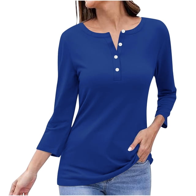 Timegard Tops for Women Long Sleeve Notched V-Neck Button Shirts Solid Color Fall Casual Loose Comfy Tops