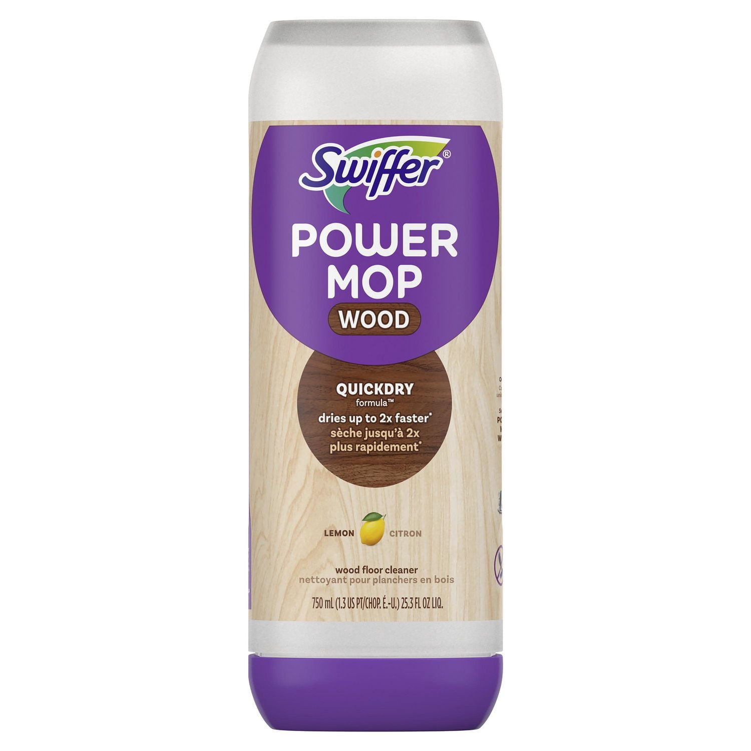 Swiffer Power Mop Solution de Recharge pour Bois, Nettoyant pour Planchers de Bois Franc à Séchage Rapide, Parfum de Citron, 750 ml