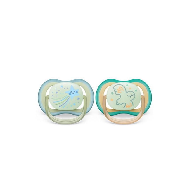 Philips Avent Ultra Air Pacifier 0-6m 2 pack with smiling star and owl designs, lightweight breathable shields with four large holes to keep skin dry, soft silicone nipples with high acceptance, and glow-in-the-dark surfaces, shown front-facing on white.