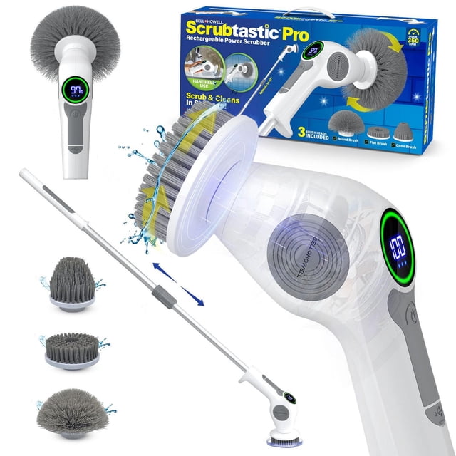 Bell + Howell Scrubtastic Pro 4 Piece Rechargeable Power Scrubber Set with a white cordless scrubber featuring a digital battery display, extendable handle, and three waterproof interchangeable brush heads—round, flat, and cone—for multi-surface cleaning including tubs and tiles, shown with its blue and yellow branded box.