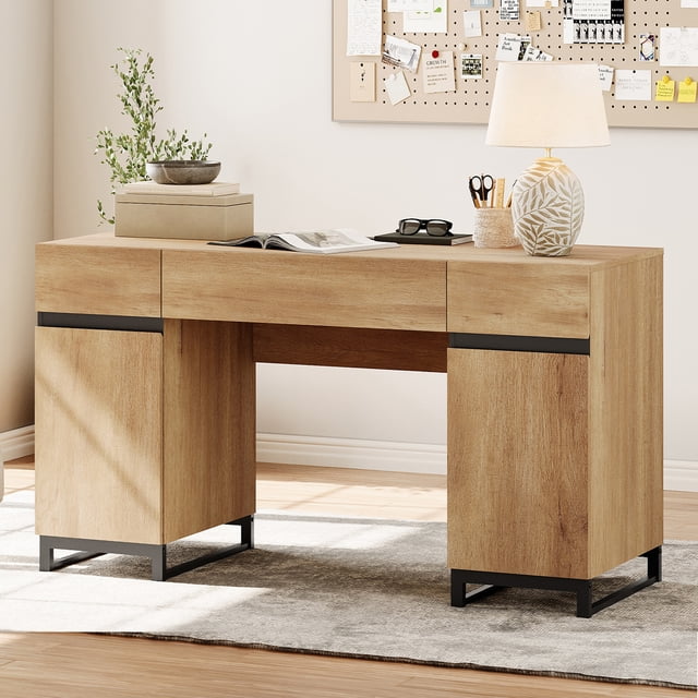 WAMPAT 59 inch Executive Desk, Modern Home Office Computer Desk with Drawers and Charging Station, Wooden Writing Workstation with File Cabinet Storage, Study Table for Work and Study, Oak