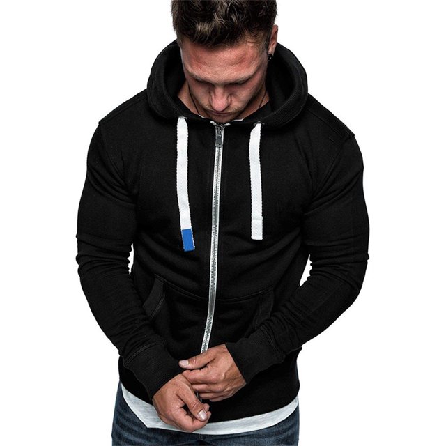 Chandail à Capuche à Manches Longues avec Fermeture Éclair Couleur Unie pour Hommes