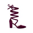 thumbnail image 3 of BLISSFUL STEP Women's Shoes Velvet Lace Up Block Heels Pointed Toe Pumps Burgundy 7.5, 3 of 5