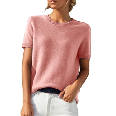 WTXUE T-Shirts à Manches Courtes, Chandails à Col Rond pour Femmes T-Shirt Ample avec Bas en Tricot Haut Court Hauts en Tricot Uni / Décontracté pour Femmes Hot Pink M