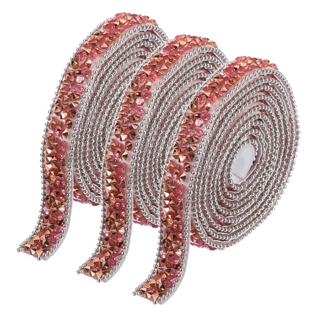 Unique Bargains 3 Pcs Strass en Résine Garniture 3 Yards Autocollants Rubans Diamant Rose Rouge Bandes de Strass Ruban