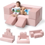 6 Pcs Modular Kids Play Couch Toddler Foam Sofa with Removable Cover Convertible Sofa for Playroom Bedroom Pink