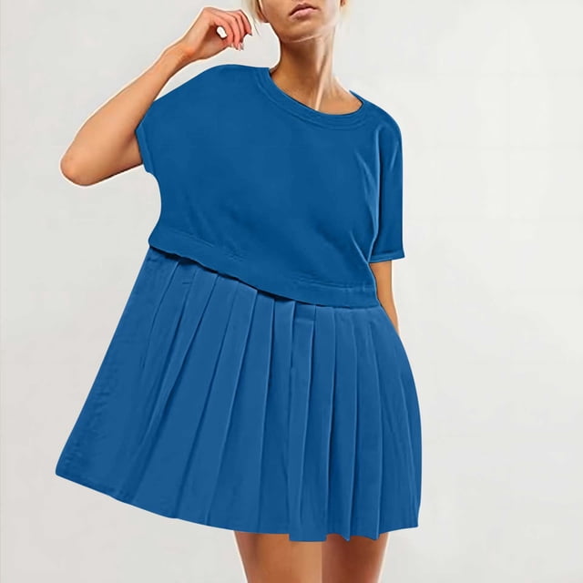 EQWLJWE Summer Patchwork Mini Dresses for Women 2024,Pleated Ruffle Dresses for Women Crew Neck Short Sleeve Dress ,Solid Ruffle A Line Beach Boho Long Maxi Dress with Pockets