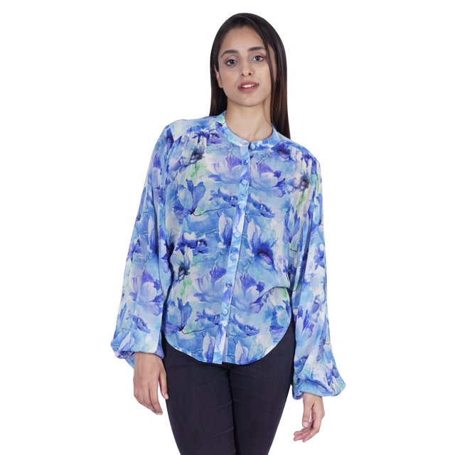 Moomaya Chemise Boutonnée Imprimée pour Femme Col Mandarin Manches Longues Haut d'Été