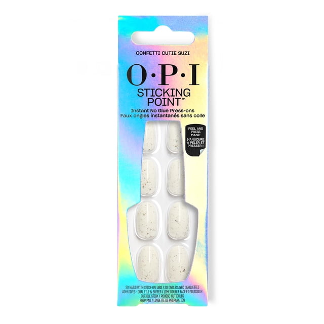 Sticking Point Instant No Glue Press-Ons by OPI in Confetti Cutie Suzi, showing 30 white press-on nails with subtle multicolored speckles and built-in sticky tabs for easy peel and press application, packaged in holographic box with peel and press instructions, suitable for quick, mess-free nail care.