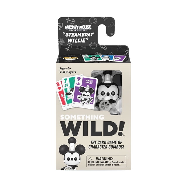Funko Games SOMETHING WILD! STEAMBOAT WILLIE card game box showing a black and white Steamboat Willie Pop! figure and colorful character cards including Minnie Mouse, designed for 2-4 players ages 6 and up, featuring character combos gameplay with special powers.