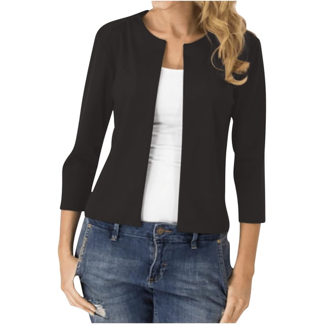 Timegard Cardigans pour Femmes Manches 3/4 Ouvert à l'Avant Hauts Courts d'Automne Couleur Unie Travail Décontracté Cardigan Ajusté