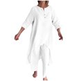 thumbnail image 1 of FAIWAD Womens Cotton Linen 2 Pieces Outfits Round Neck Button Long Sleeve Irregular Hem Tops Pants Casual Loose Set, 1 of 6