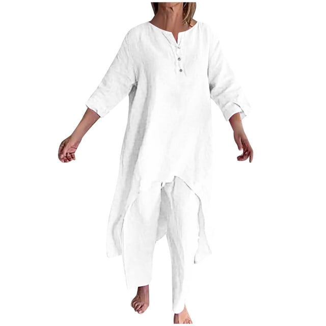 FAIWAD Womens Cotton Linen 2 Pieces Outfits Round Neck Button Long Sleeve Irregular Hem Tops Pants Casual Loose Set