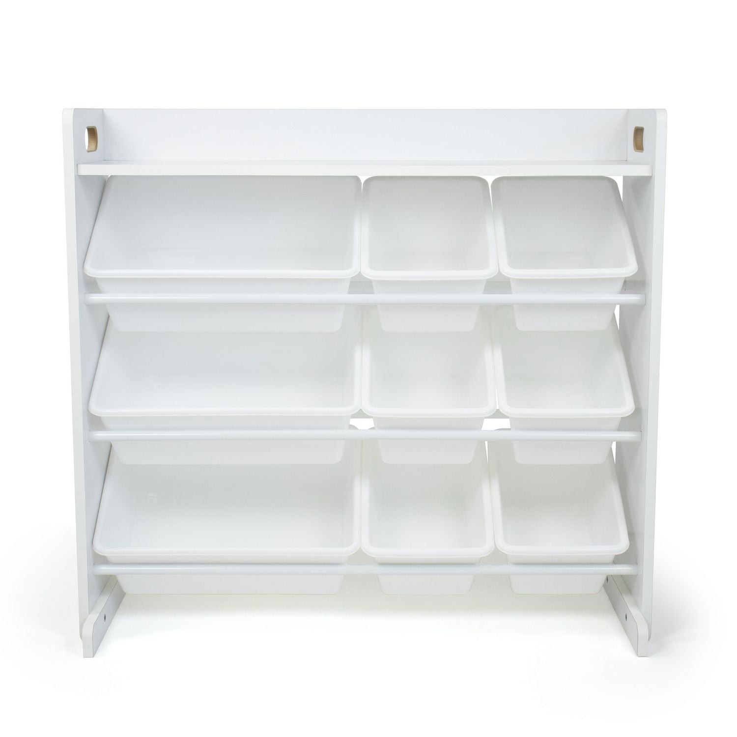 Système de rangement pour jouets avec tablette et 9 bacs de rangement, blanc