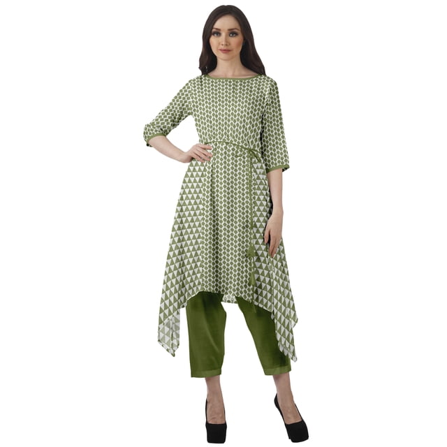 Moomaya Ensemble Tunique Indienne Haut et Pantalon Manches 3/4 Imprimé Kurta Kurti de Designer pour Femmes