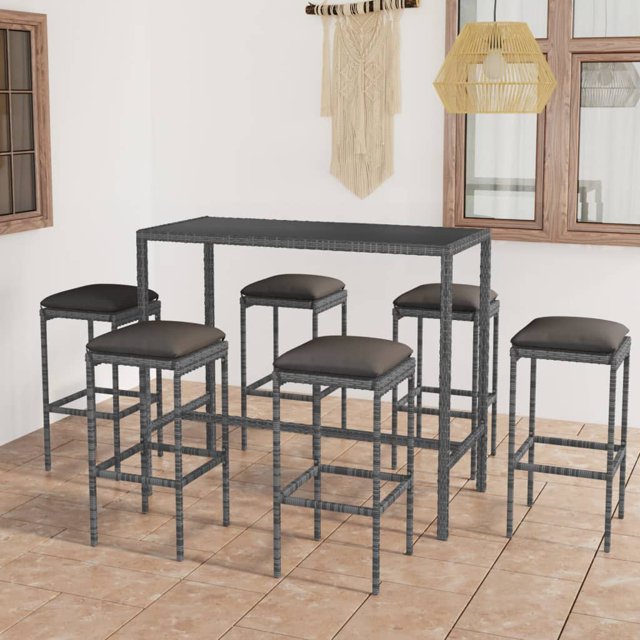 vidaXL 7 Piece Garden Bar Set with Cushions Poly Rattan Grey