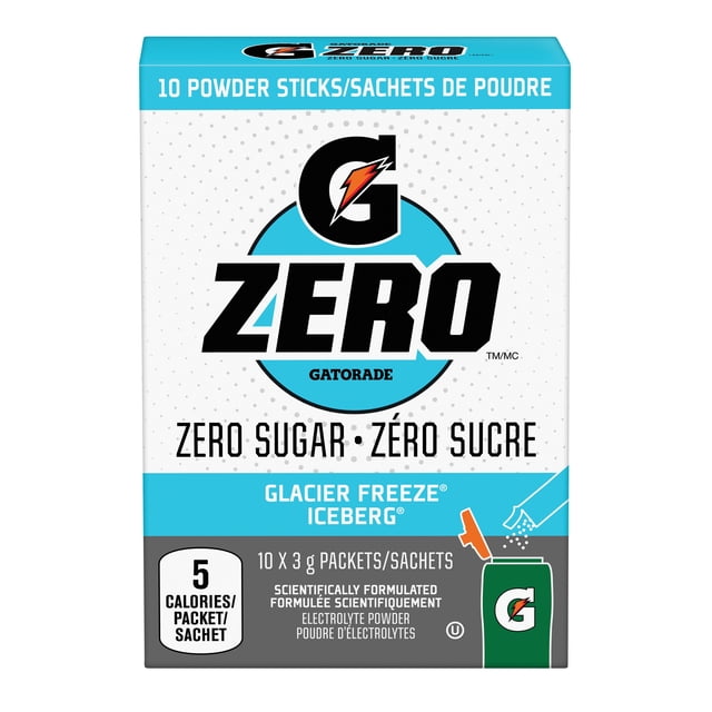 Gatorade Zero Sugar Glacier Freeze Electrolyte Powder 10 x 3 g packets box with blue and white design, featuring the Gatorade logo, zero sugar, 5 calories per packet, and scientifically formulated electrolyte powder to replenish fluids lost through sweat and support hydration.