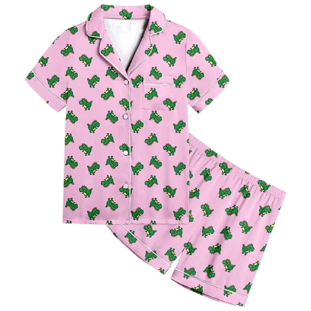 Kids Pajamas Cute Dinosaur Pattern Printed Short Sleeve Button Down Shorts Set Baby Girl Clothes Pink 2-3 Years