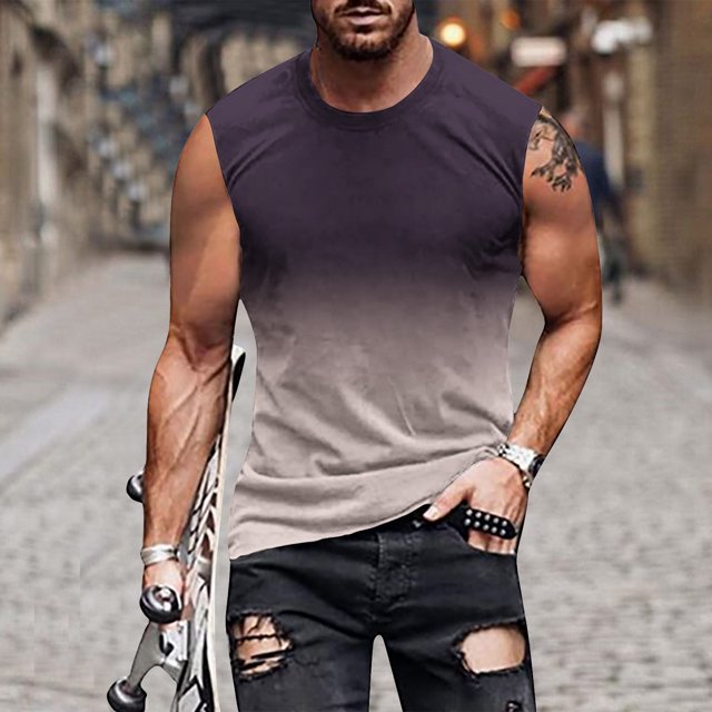 DPTALR Débardeur Sans Manches Dégradé pour Hommes Imprimé Non Positionné Col Rond T-shirt Sans Manches Décontracté Sport