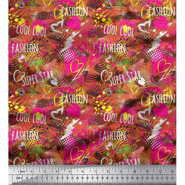 Soimoi Orange Poly Georgette Fabric Heart,Star & Fashion Text Print Sewing Fabric Yard 42 Inch Wide
