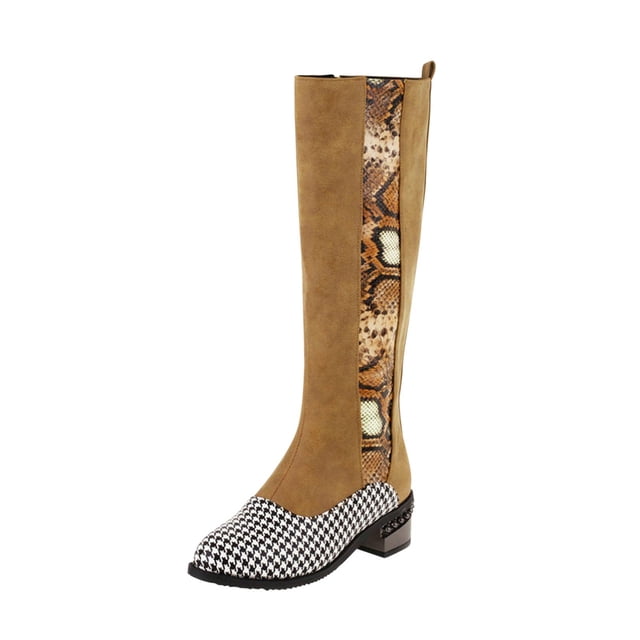 CEHVOM Women Boots Mid Heel Pointed Shoes Zippered Shoes Winter Snake Pattern