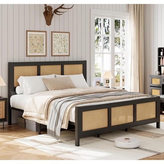 Cadre de Lit Très Grand en Rotin avec Rangement sous le Lit, Aucun Sommier Requis, Sans Bruit, Style Bohème, Noir