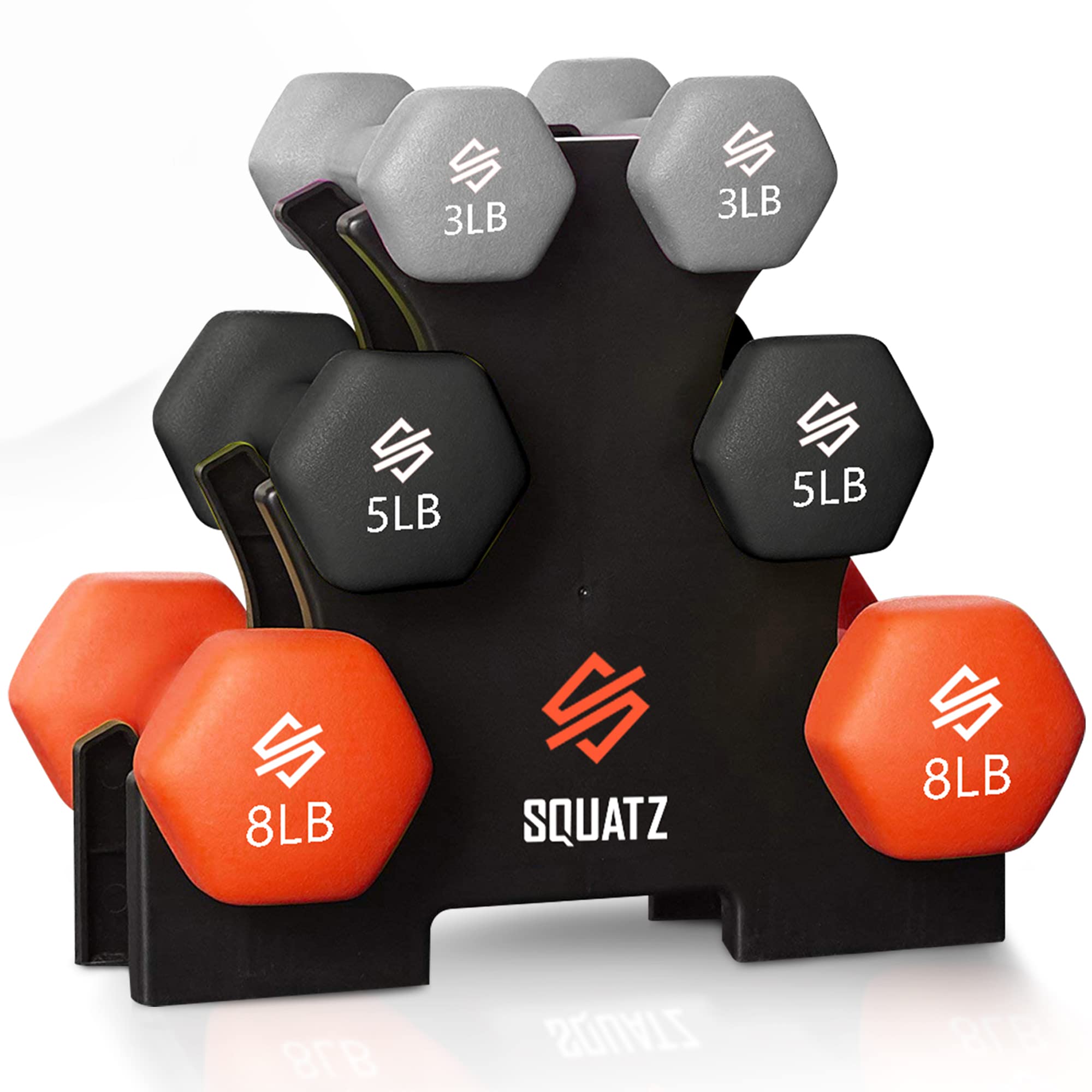 Dumbbell Weights Set with Stand, 32lbs Neoprene Coated Weights in Color Gray, Black, and Orange, Hex Shape Anti Slip and Roll Dumbbells for Exercise, Training, Fitness, Yoga