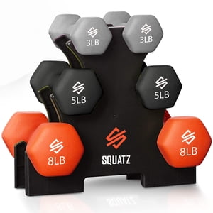Dumbbell Weights Set with Stand, 32lbs Neoprene Coated Weights in Color Gray, Black, and Orange, Hex Shape Anti Slip and Roll Dumbbells for Exercise, Training, Fitness, Yoga