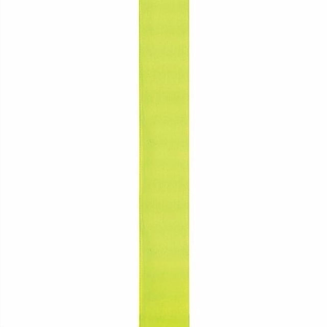 Offray 5/8 Single Faced Satin Ribbon in neon green, 15mm wide and 5.4864m (18ft) long, shown as a vertical satin strip with smooth texture, ideal for gift wrapping, floral arrangements, decorations, crafts, and suitable for scrapbooking.