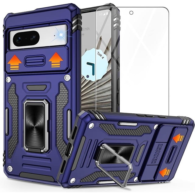 KOMI Pixel 7 Case, Google Pixel 7 Case with HD Screen Protector, Shockproof Google Pixel 7 Phone Case with 360° Magnetic Ring Holder Kickstand Phone Case for Google Pixel 7 Blue