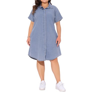 Agnes Orinda Women's Plus Size Jean Denim Dress Lapel Collar Short Sleeves Button Down Curved Hem Casual A Line Midi Dresses with Pockets 1X Light Blue