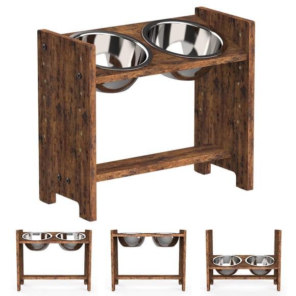 Vantic Elevated Dog Bowls Adjustable Raised Dog Bowl Stand for Medium Sized Pet Sturdy Particle Board Food Feeder with 2 Stainless Steel Dishes Rustic Brown