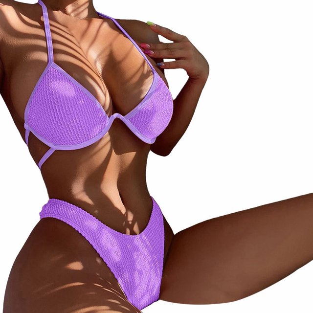 B91xZ Maillots de Bain pour Femmes Rétro à Tour de Cou Froncé Taille Haute Bikini avec Bas, Rose Vif m