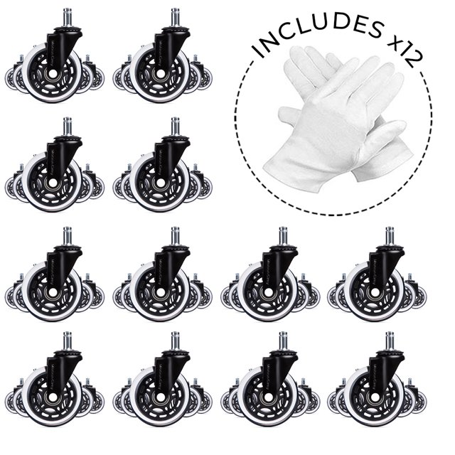 MotionGrey Roulettes de Chaise de Bureau - Auto - Palettes à Rouleau, Roues Ergonomiques Rapides, Support Pivotant pour Chaise de Jeu de Bureau pour un Roulement Sécuritaire sur Toutes les Surfaces de Plancher (Lot de 12)