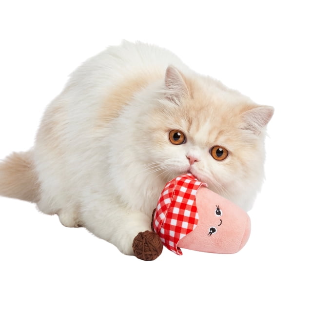 One Paw, Jam Shaped Cat Toy, Interactive and Fun with a cream and white fluffy cat holding a soft plush jam-shaped toy featuring a red and white gingham fabric top and a small brown yarn ball, filled with catnip to encourage playful stimulation.