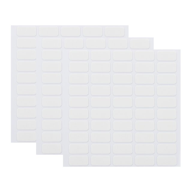 Double Sided Sticky Dot 0.8X0.4 Inch / 20X10mm, 150 Pcs Removable Clear Sticky Tack Rectangle Putty. The image displays three sheets of clear, rectangular adhesive dots made of nano acrylic material. Each sheet features multiple evenly spaced sticky dots, suitable for crafting, scrapbooking, card making, and DIY projects. These double-sided dots are transparent, flexible, and leave no residue upon removal, making them ideal for use on paper, fabric, plastic, wood, metal, and glass surfaces.