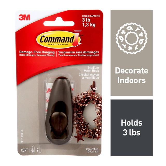 Command™ Forever Classic Medium Hook, FC12-ORB-EF in oil-rubbed bronze finish on retail packaging, designed for damage-free hanging with a 3 lb (1.3 kg) capacity, suitable for indoor decoration and organizing coats or clothing without surface damage.