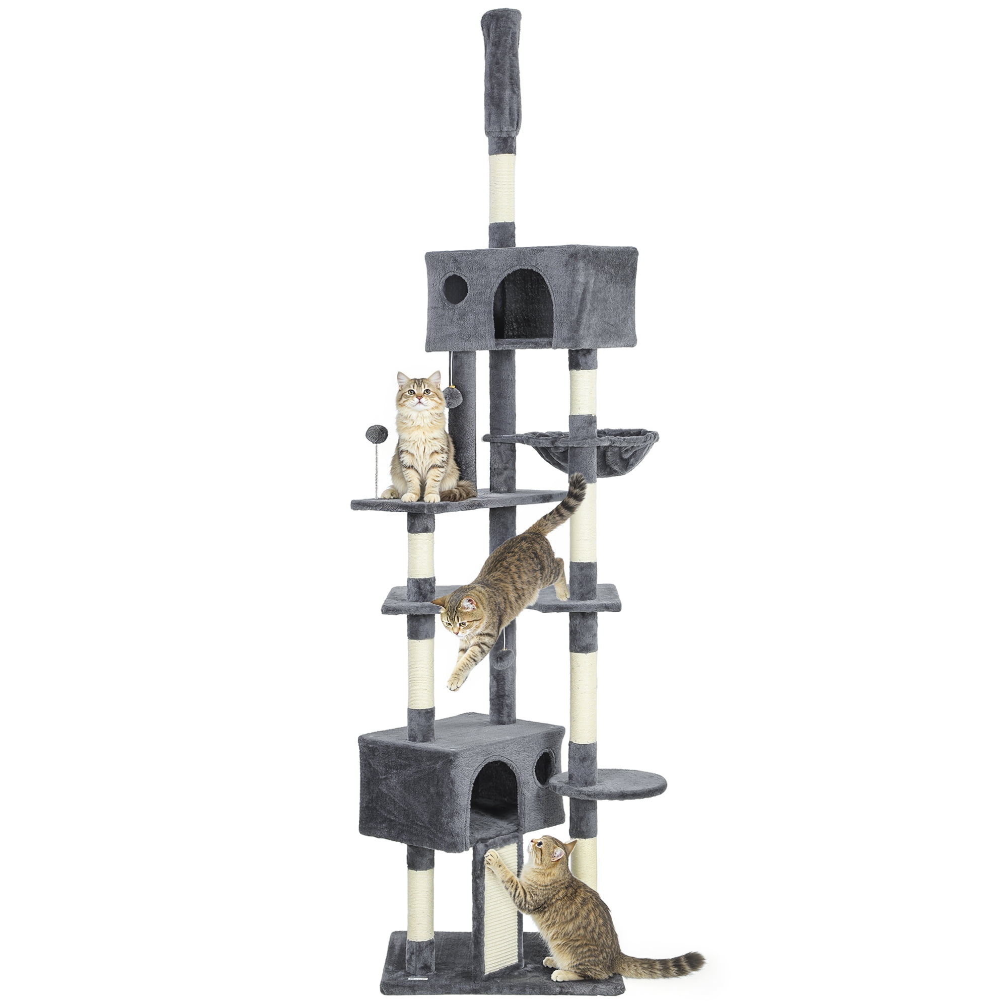 PawHut Floor to Ceiling Cat Tree, 230-250cm Adjustable Tall with 2 Condos