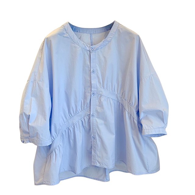 Pompotops Women's Solid Color Asymmetric Splicing 3/4 Sleeve Tops Button Round Neck Tops/Shirt Clearance
