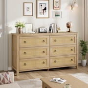 EDTara Boho 6-Drawer Dresser with Rattan Accents, Modern Chest of Drawers with Ring Handles & Deep Storage for Bedroom, Living Room