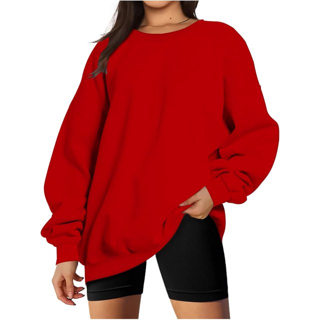 ORUYROP Chandails en Molleton Surdimensionnés pour Femmes Manches Longues Col Rond Chandail Décontracté Ample Couleur Unie Polaire Tops Pulls